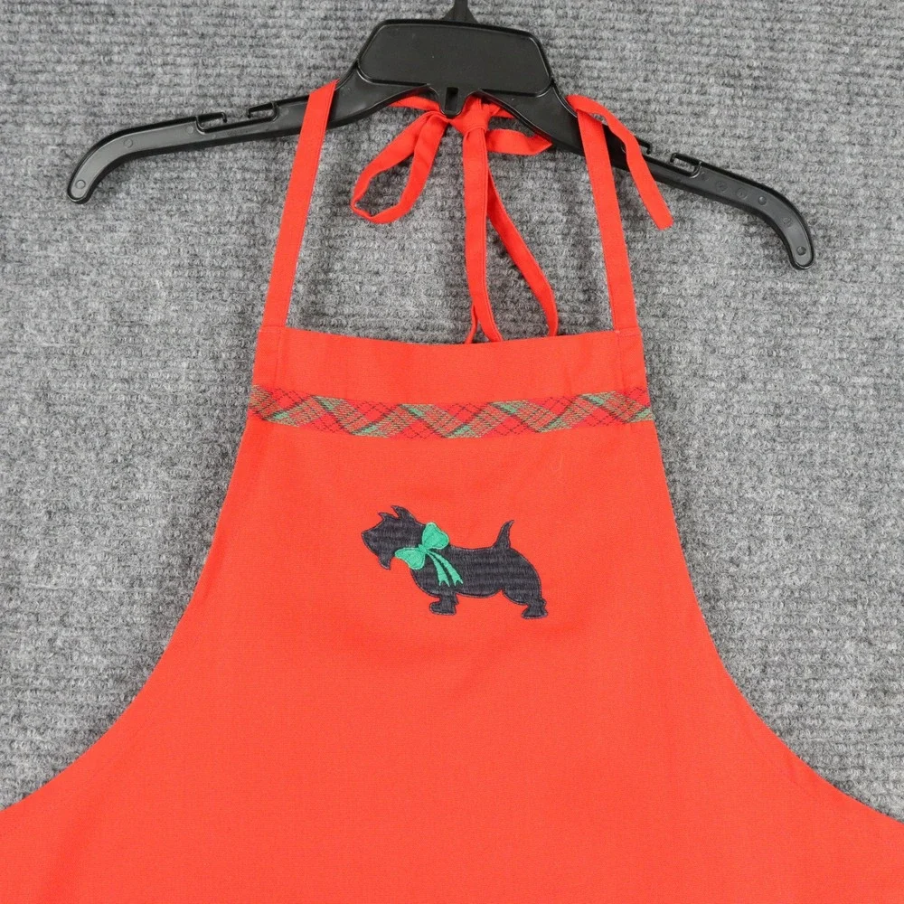 Dotty Smith Scottie Dog Apron Womens Embroidered Plaid Trim Front Pocket Kitchen